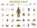 Hunting equipment kit with rifle, knife, suit, shotgun, boots, decoy, patronage and matches etc Vector illustration