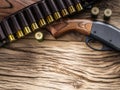 Pump action shotgun, 12 guage cartridge and hunting knife Royalty Free Stock Photo
