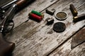 Hunting equipment on wooden table background Royalty Free Stock Photo