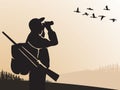 Hunting for game birds. Hunter looks through binoculars at the sky. The ducks are flying. Hunters open season. Tall grass.Vector