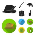 A hunting hat with a feather, a wild boar, a rifle, a backpack with things.Hunting set collection icons in black, flat Royalty Free Stock Photo