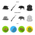 A hunting hat with a feather, a wild boar, a rifle, a backpack with things.Hunting set collection icons in black, flat Royalty Free Stock Photo