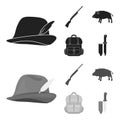 A hunting hat with a feather, a wild boar, a rifle, a backpack with things.Hunting set collection icons in black Royalty Free Stock Photo