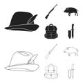 A hunting hat with a feather, a wild boar, a rifle, a backpack with things.Hunting set collection icons in black,outline Royalty Free Stock Photo