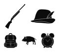 A hunting hat with a feather, a wild boar, a rifle, a backpack with things.Hunting set collection icons in black style Royalty Free Stock Photo