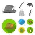 A hunting hat with a feather, a wild boar, a rifle, a backpack with things.Hunting set collection icons in monochrome Royalty Free Stock Photo