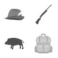 A hunting hat with a feather, a wild boar, a rifle, a backpack with things.Hunting set collection icons in monochrome Royalty Free Stock Photo