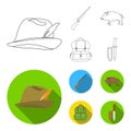 A hunting hat with a feather, a wild boar, a rifle, a backpack with things.Hunting set collection icons in outline,flat Royalty Free Stock Photo