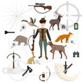 Hunting icon set, animals and hunter with a gun Royalty Free Stock Photo