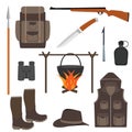 Hunting icon set, isolated. Hunting equipment in flat style, illustration. Hunting backpack, boots, knife, gun, flask, safe Royalty Free Stock Photo