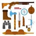 Hunting icons flat set with knife, axe, shotgun, case, lighter,