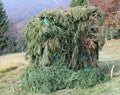 hunting lodge of hunters camouflaged with leaves to hide from th Royalty Free Stock Photo