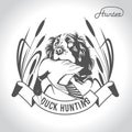 Hunting logo hunting dog with a wild duck in his teeth and design elements. The outfit of the hunter.4 Royalty Free Stock Photo