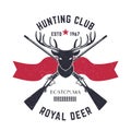 Hunting logo, vintage emblem with deer head and crossed hunting rifles