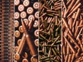 Hunting or military ammunition. Collage of different types of firearms.