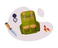 Hunting Objects Set, Backpack, Hunting Knife, Compass Tool, Bullets Flat Vector Illustration