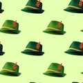 Hunting retro hats seamless pattern. Green vintage headdress with red leaf and yellow stripe