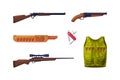 Hunting with Rifle, Gun, Vest with Bullet and Penknife Vector Set