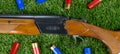 Hunting rifle for sports, on a green lawn surrounded by bullets Royalty Free Stock Photo