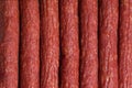 Hunting sausages close up background.
