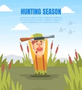 Hunting Season Banner Template with Funny Man Hunter Character Drowning in Swamp Cartoon Vector Illustration Royalty Free Stock Photo