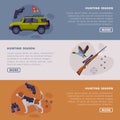 Hunting Season Landing Page Horizontal Templates Set, Hunting Attributes, Tackles and Equipment Website Interface Vector