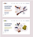 Hunting Season Landing Page Templates Set, Hunter Tackles and Equipment Website, Mobile App Interface Flat Vector