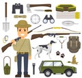 Hunting set of equipment. Hunter with a gun. Hunting for game, different accessories for hunting and camping. Vector