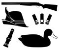 Hunting set vector. Duck hunting. Shotgun, duck call , decoys, hat, shell