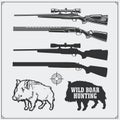 Hunting set. Vector monochrome illustration of a Wild Boar and Hunting rifles.