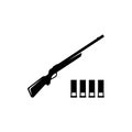 Hunting Shotgun and Bullets, Carbine Rifle. Flat Vector Icon illustration. Simple black symbol on white background. Hunting Royalty Free Stock Photo