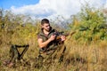 Hunting strategy or method for locating targeting and killing targeted animal. Man hunting wait for animal. Hunter with