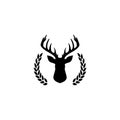 Hunting trophy. Deer head with big antlers in laurel wreath isolated on white background Royalty Free Stock Photo