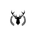 Hunting trophy. Deer head with big antlers in laurel wreath isolated on white background Royalty Free Stock Photo