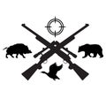 Hunting Vintage icon. Crossed Hunting Rifles, Bear, Duck, Wild Boar Silhouettes. flat style