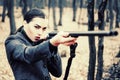 Hunting weapon gun or rifle. military fashion. achievements of goals. girl with rifle. chase hunting. Gun shop. woman Royalty Free Stock Photo