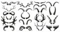 Hunting wild animals, deer, goat horns antlers silhouettes. Moose, deer, ram, goat, bison horns black silhouette vector