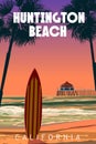 Huntington Beach California retro travel poster vector Royalty Free Stock Photo