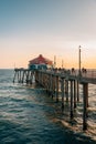 The Huntington Beach pier at sunset, in Orange County, California Royalty Free Stock Photo