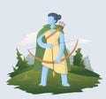 Huntress in green cape standing on the meadow with her bow. Flat vector illustration.