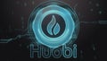 Huobi cryptocurrency symbol. Hi-tech futuristic background illustration.