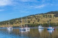 Scenic landscape of boats on Tasmania`s Huon river