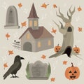 hurch in a hollow with gravestones, a crow, a tree and a pumpkin. Mystical set. Vector illustrations for games, books and other