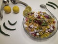 An Indian Breakfast Indori Poha with herbs.