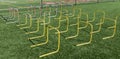 Hurdles set up on turf field for strength and agility practice Royalty Free Stock Photo