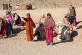 HURGHADA, EGYPT - Apr 24 2015: The young girl-cameleer from Bedouin village in Sahara desert with her camel, shouting inviting Royalty Free Stock Photo