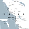 Hurghada, tourist centres on Red Sea coast in Egypt, gray political map