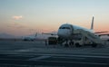 Passenger planes of the Russian airlines Uralairlines and Orenair are waiting for passengers to load at the airport of Hurghada.