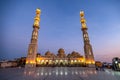 09/11/2018 Hurghada, Egypt, New snow-white mosque Al Mina on the Red Sea coast at dusk and highlighted Royalty Free Stock Photo