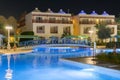 Hurghada, Egypt. November 19 2018 luxury resort with pool at night view. hotel outdoor landscape with pool. Night pool side of Royalty Free Stock Photo